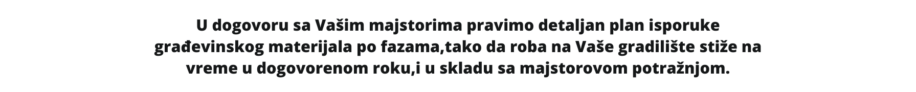 U dogovoru sa Vašim majstorima pravimo detaljan plan isporuke građevinskog materijala po fazama tako da roba na Vaše gradilište stiže na vreme u dogovorenom roku i u skladu sa majstorovom potražnjom